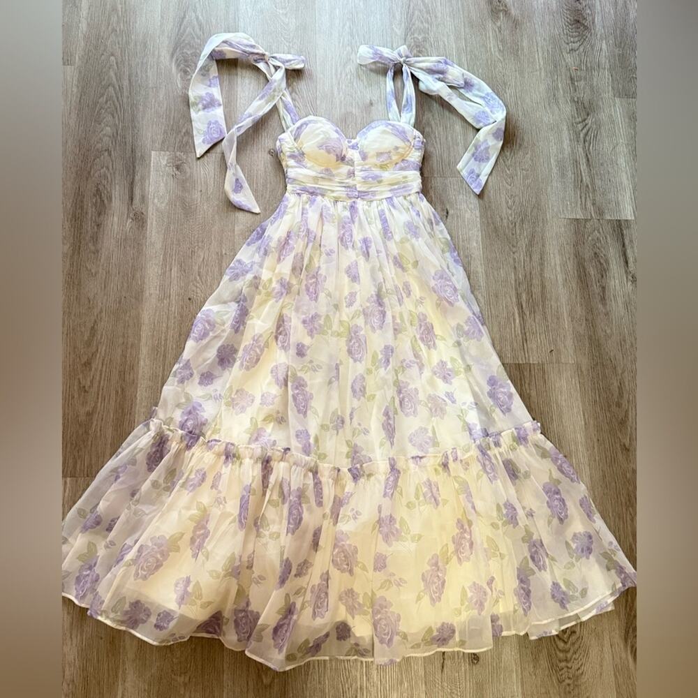 morning lavender debra purple & white floral sweetheart bow detil maxi dress - Picture 5 of 16